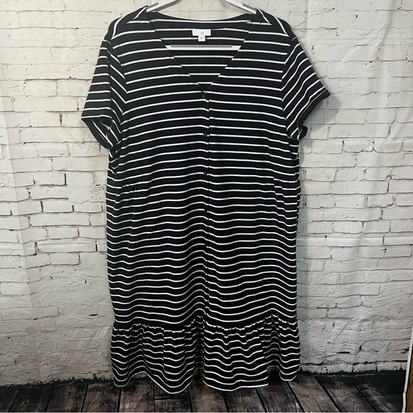 Dresses & Skirts - J. Jill Size 2X Navy White stripe Shirt Dress Casual Ruffle Bottom Button